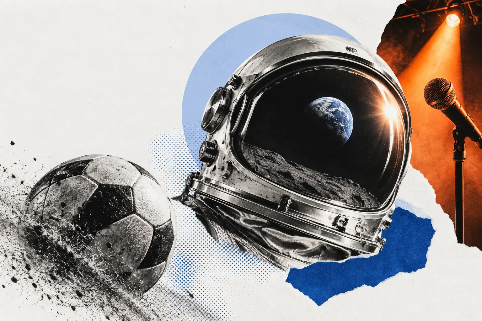 Editorial collage of football, space exploration and music